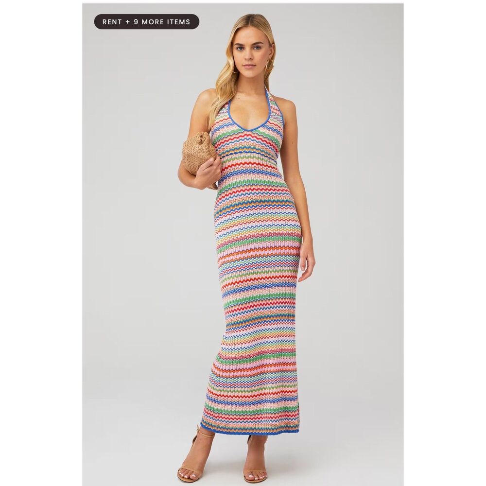 Show Me Your Mumu Kate Halter Maxi Dress Summer Wave Striped Knit Small EUC